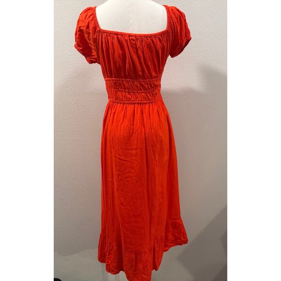 Sim Sam Milkmaid Linen Blend Midi Dress Orange M Cottagecore Peasant Ruffle Hem - Picture 3 of 8